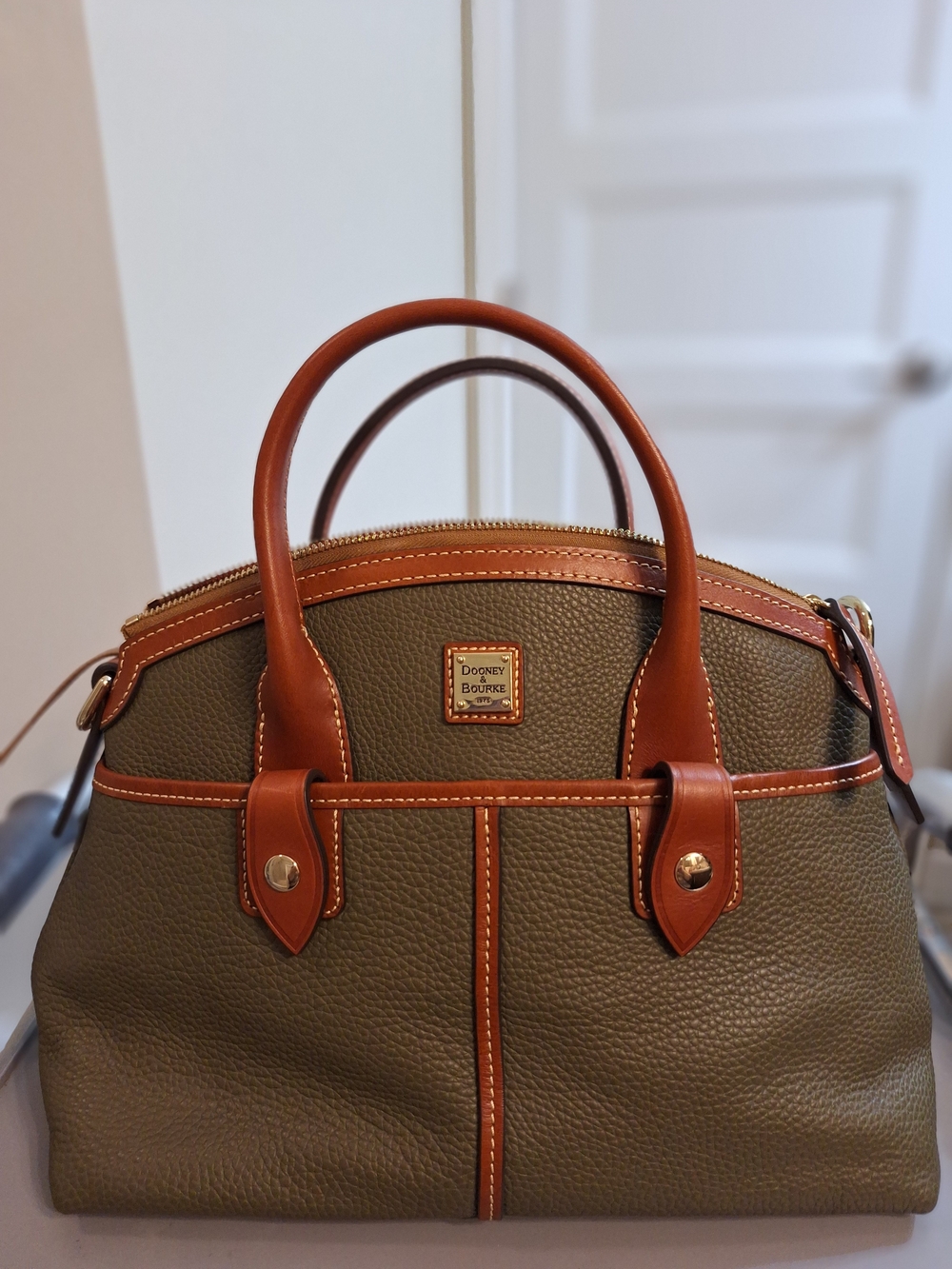 NEW Dooney & Bourke Olive Leather Satchel with Tan Trim